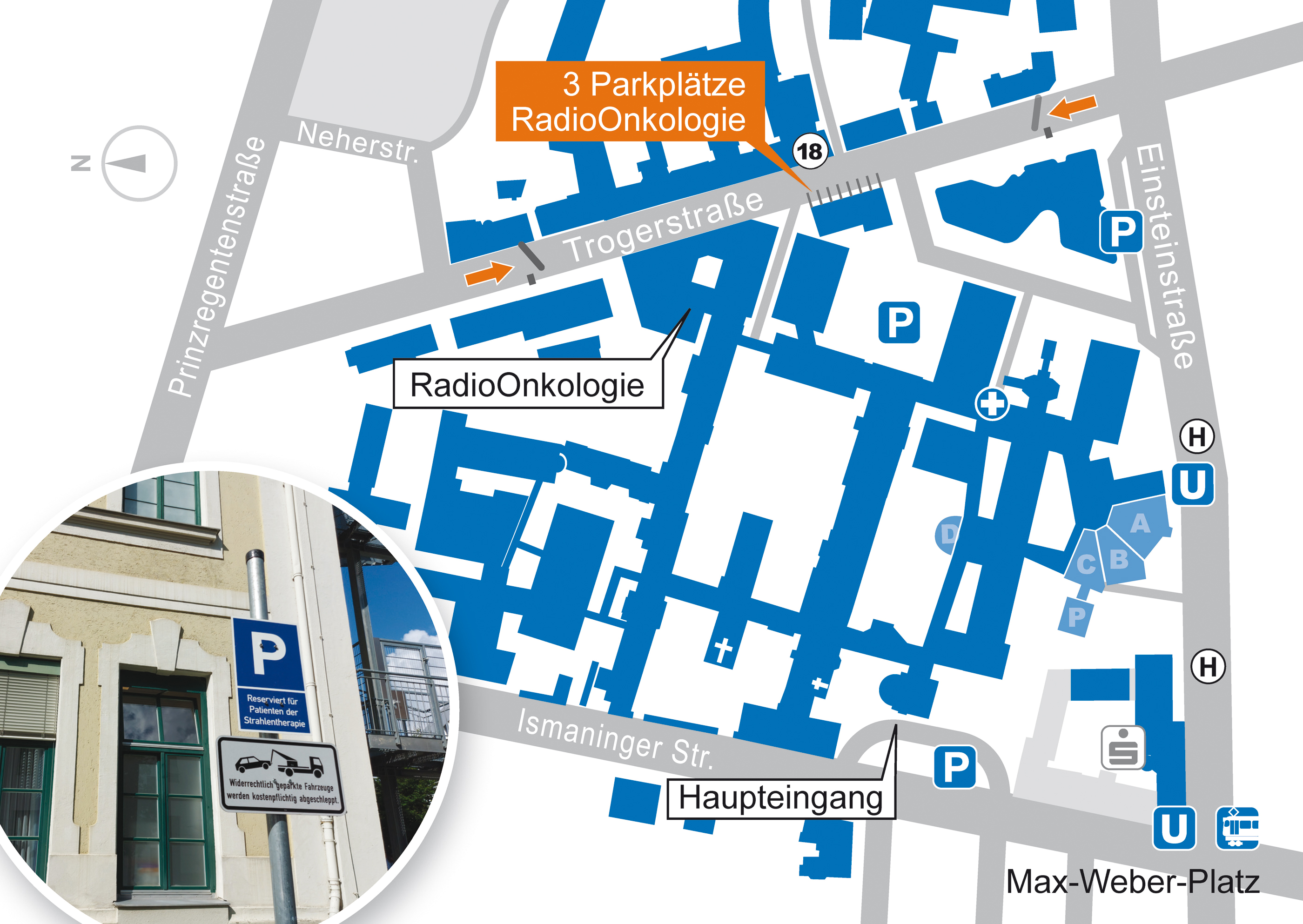 Gebäudeplan/Lageplan Klinikum rechts der Isar und Patientenparkplätze der RadioOnkologie