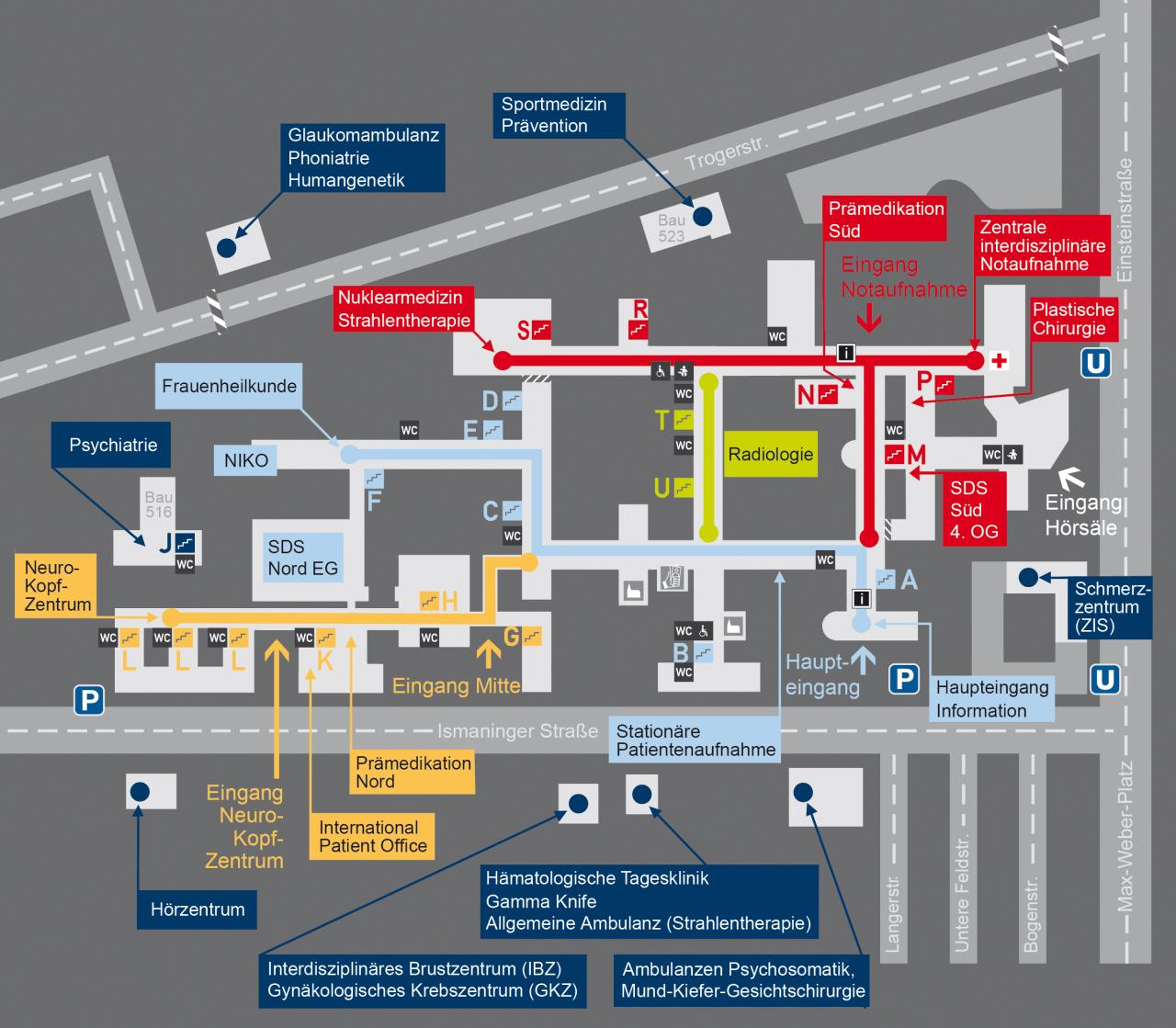 Lageplan der Klinik für RadioOnkologie und Strahlentherapie im TUM Klinikum Rechts der Isar München 